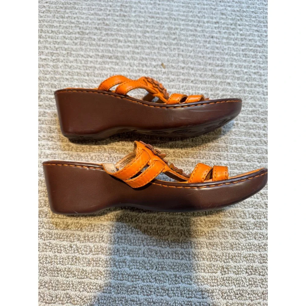 Born Orange Leather Flower‎ Wedge Sandals Women US Size 7 EU 38